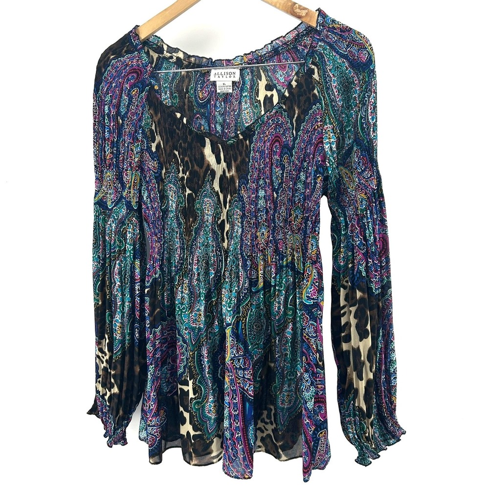 Allison Taylor XL Paisley Leopard Print Smocked Peplum Top Long Sleeve Blouse